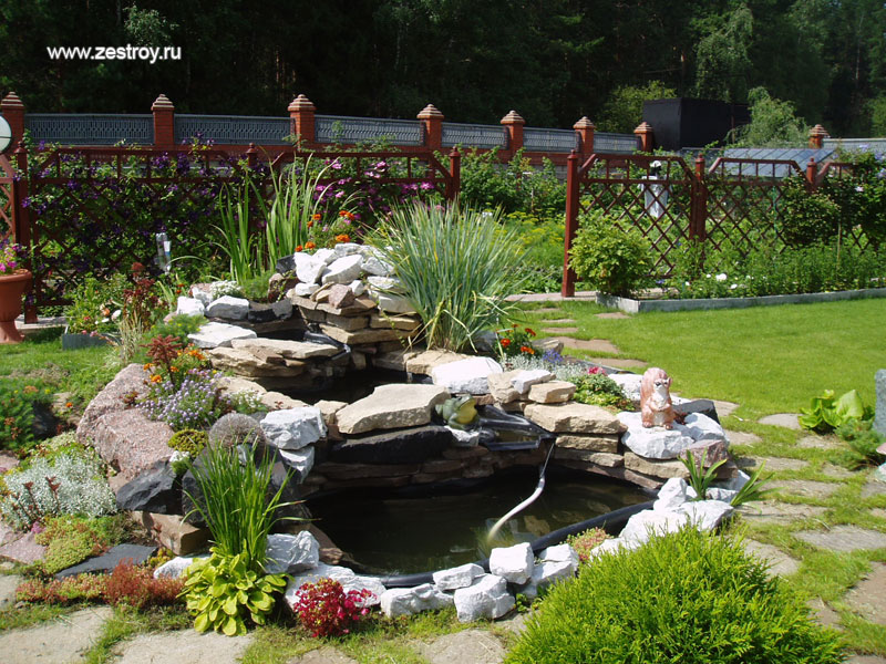 Красивый сад на загородном участке и декоративный водоем фото